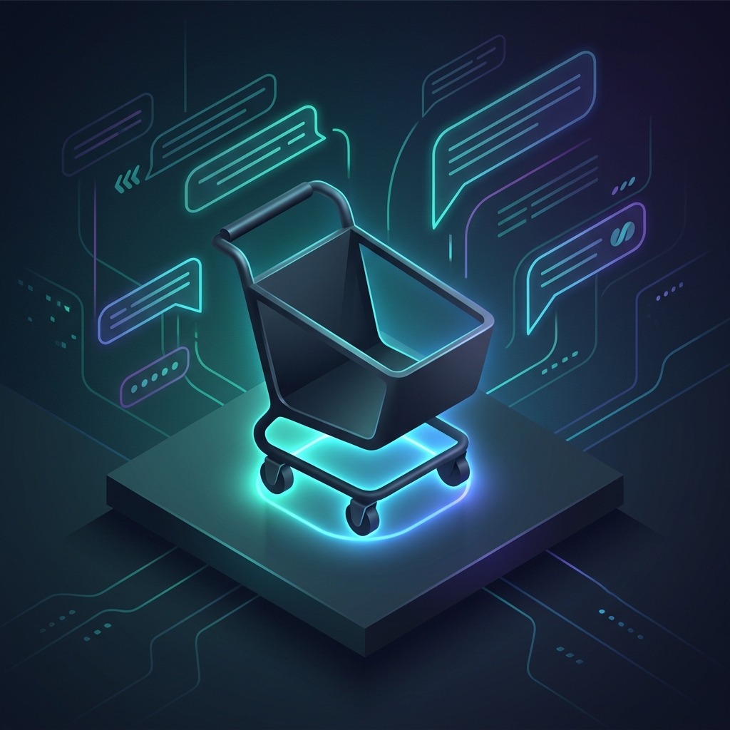Ilustración de carrito abandonado en ecommerce y recuperación por WhatsApp Carrito de compras iluminado que queda solo mientras una conversación de WhatsApp intenta recuperarlo