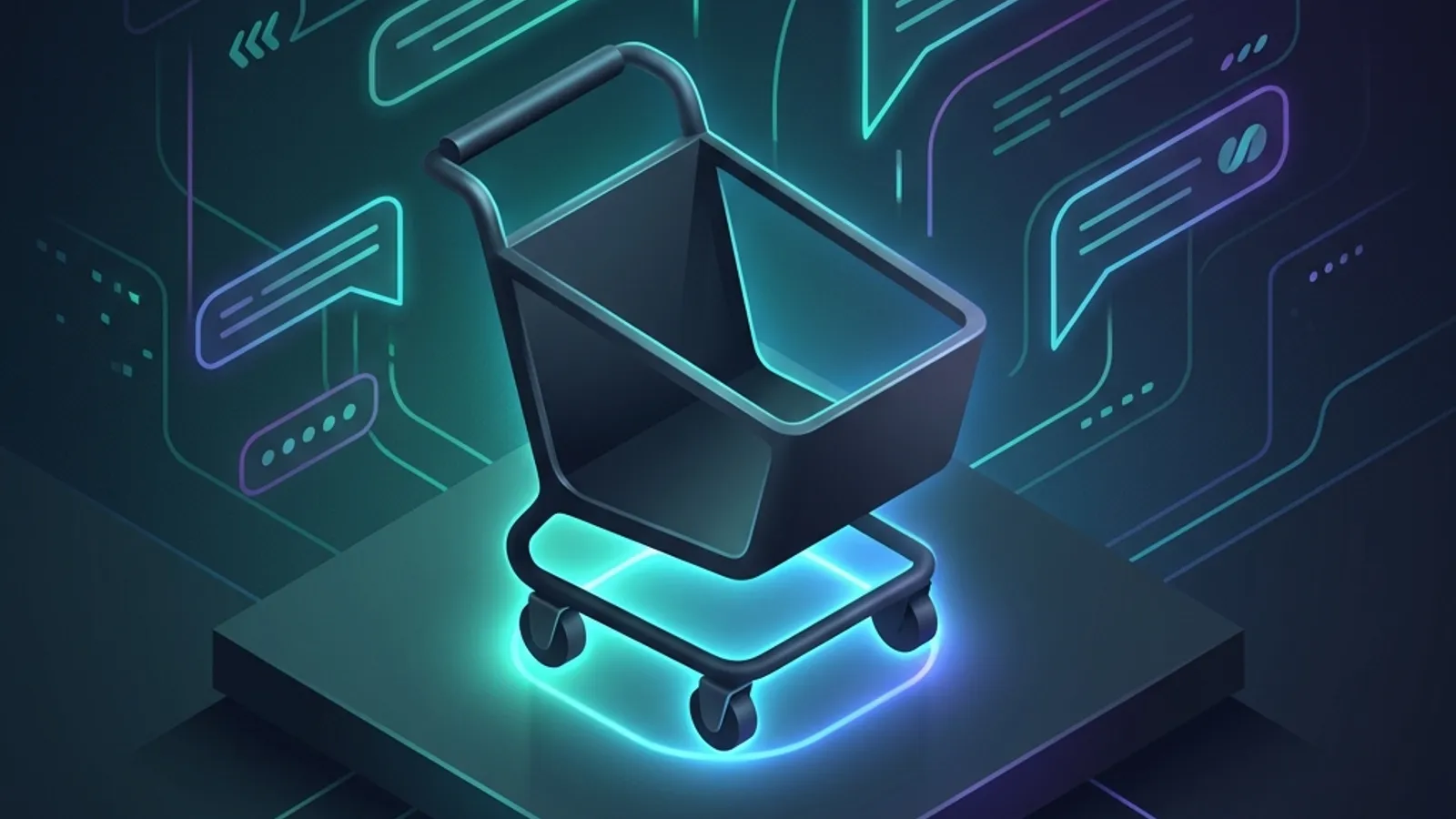 Ilustración de carrito abandonado en ecommerce y recuperación por WhatsApp Carrito de compras iluminado que queda solo mientras una conversación de WhatsApp intenta recuperarlo