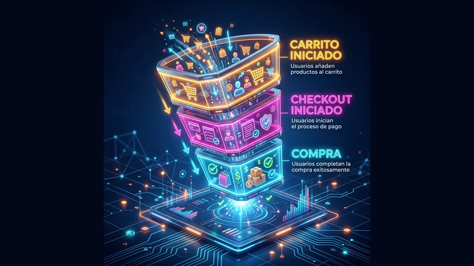 Embudo que compara carrito iniciado, checkout iniciado y compra completada