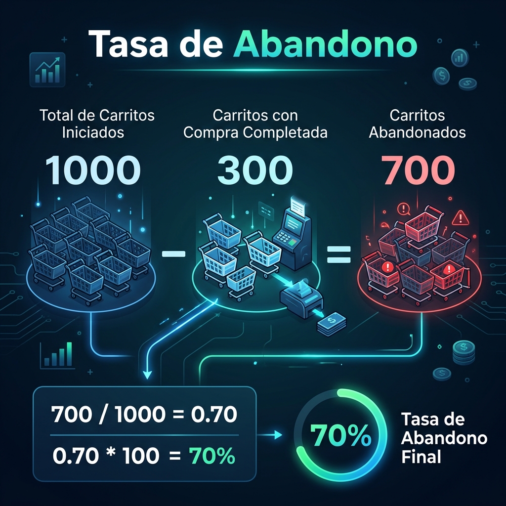 Cálculo de ejemplo de la tasa de abandono de carrito Fórmula visual para calcular la tasa de abandono de carrito con un ejemplo de 1000 carritos y 300 compras