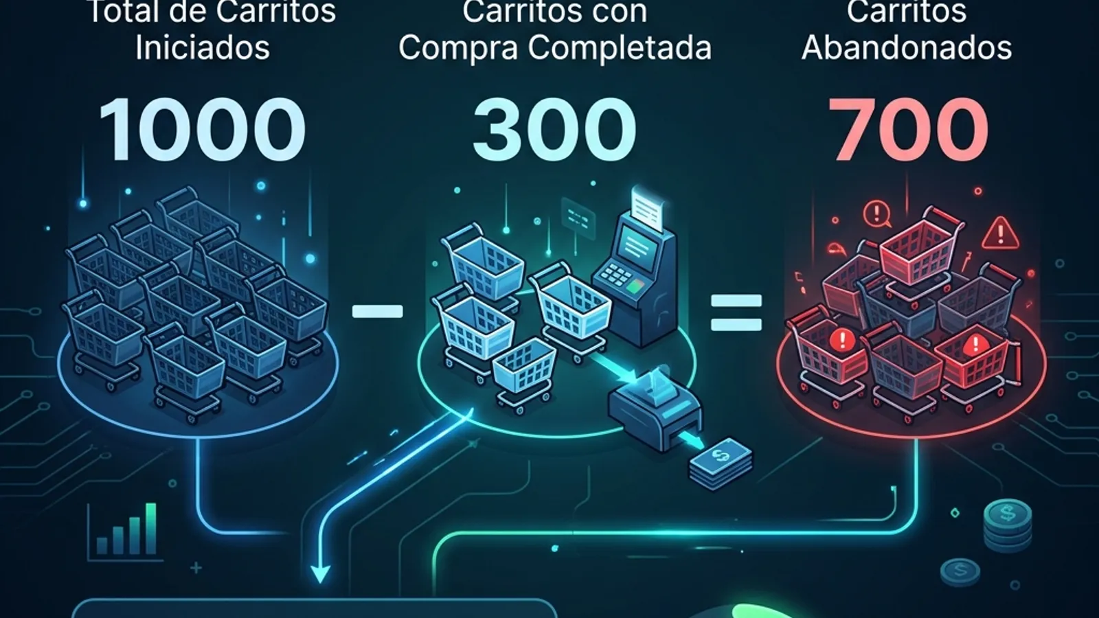 Cálculo de ejemplo de la tasa de abandono de carrito Fórmula visual para calcular la tasa de abandono de carrito con un ejemplo de 1000 carritos y 300 compras