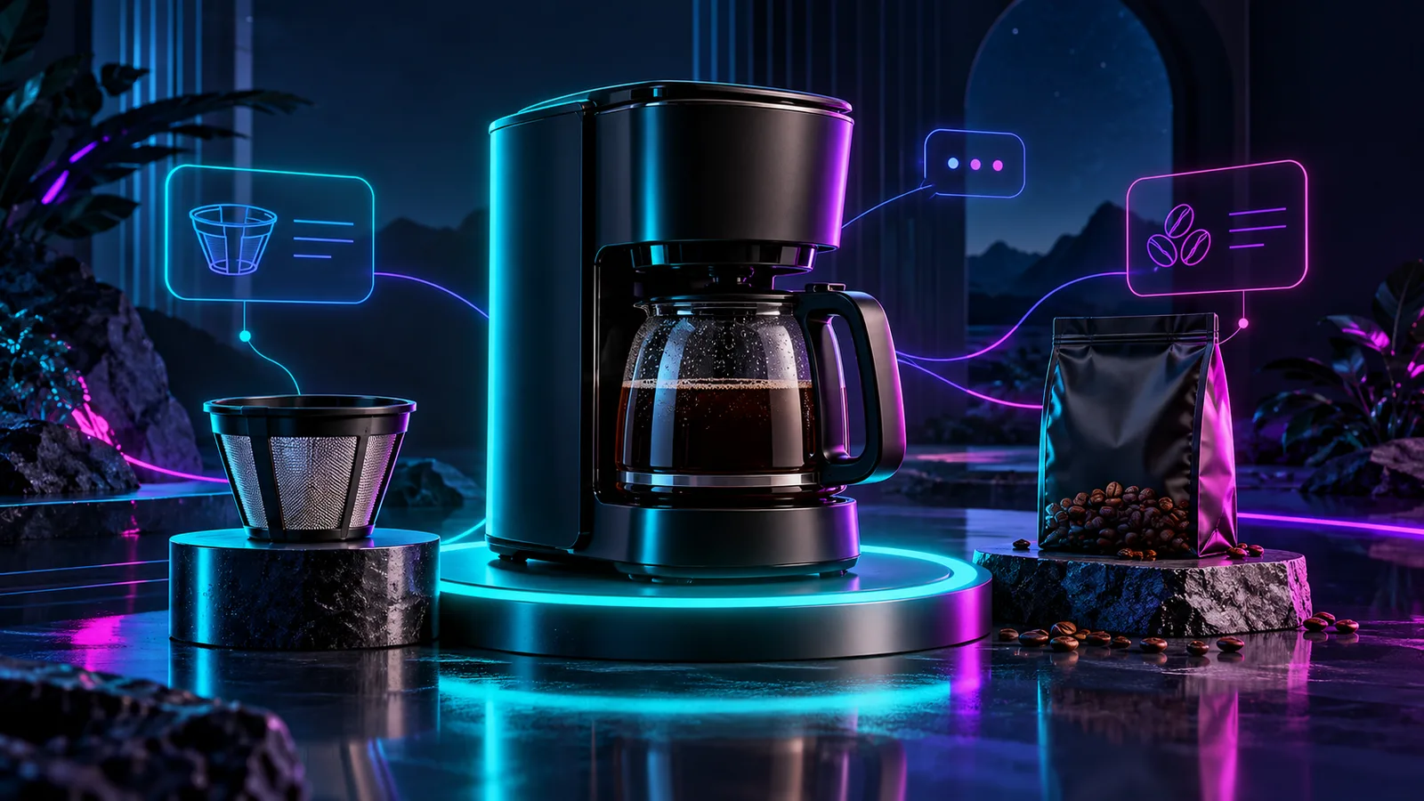 Cafetera de filtro con filtro reutilizable y café como posibles complementos posteriores a la compra