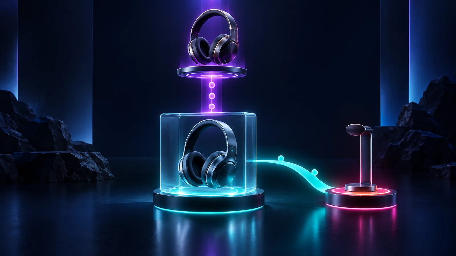Auriculares en dos versiones y un accesorio sobre plataformas luminosas